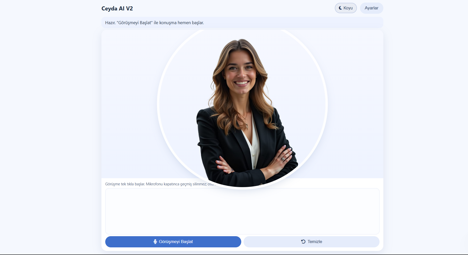 Ceyda AI görüşme başlangıç ekranı