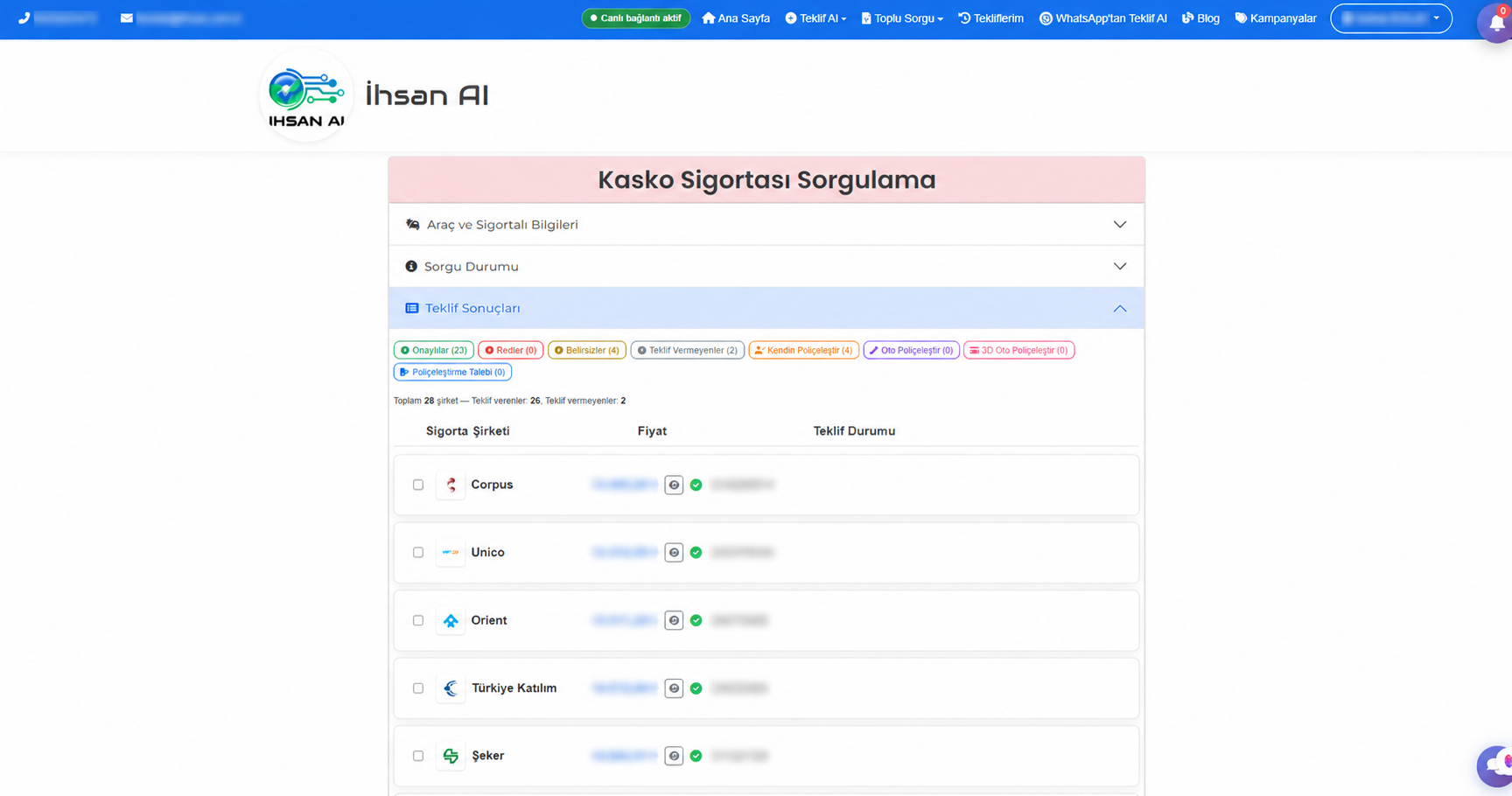 İhsan AI — Kasko Sigortası Sorgulama ekranı